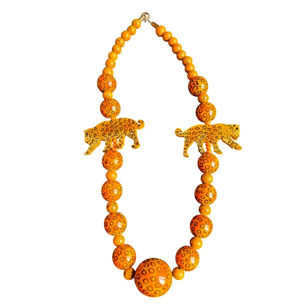 Vintage Leopard Print Beaded Statement Necklace Yellow Animal Jungle Safari